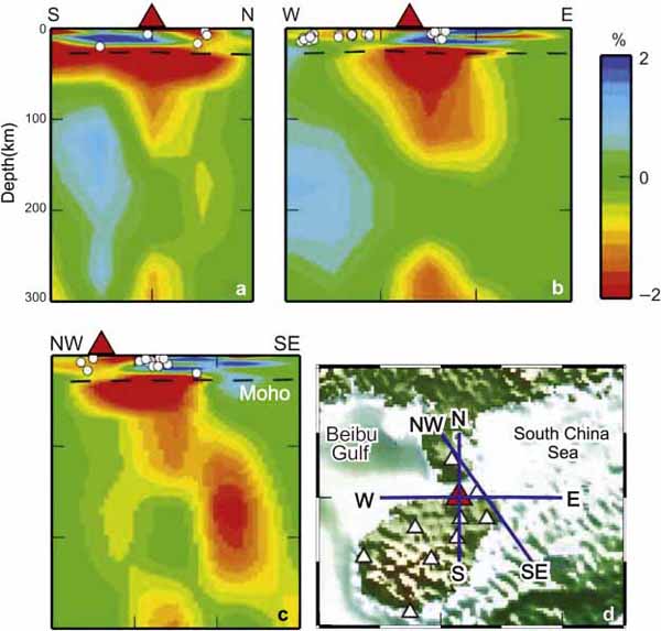 Вертикальные разрезы мантии (томография на P-волнах) под вулканом Хайнань Дао.