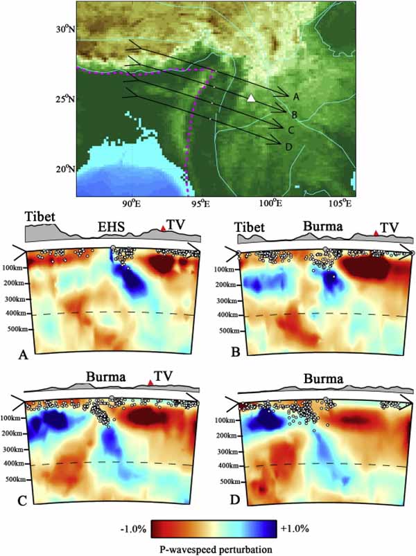 Вертикальные разрезы мантии (томография на P-волнах) под вулканом Тенгчонг