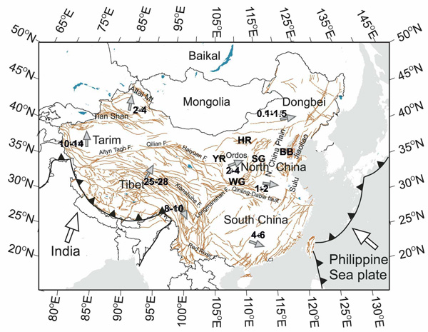 Схематичная карта основных геологических блоков материкового Китая и скорости их движения.